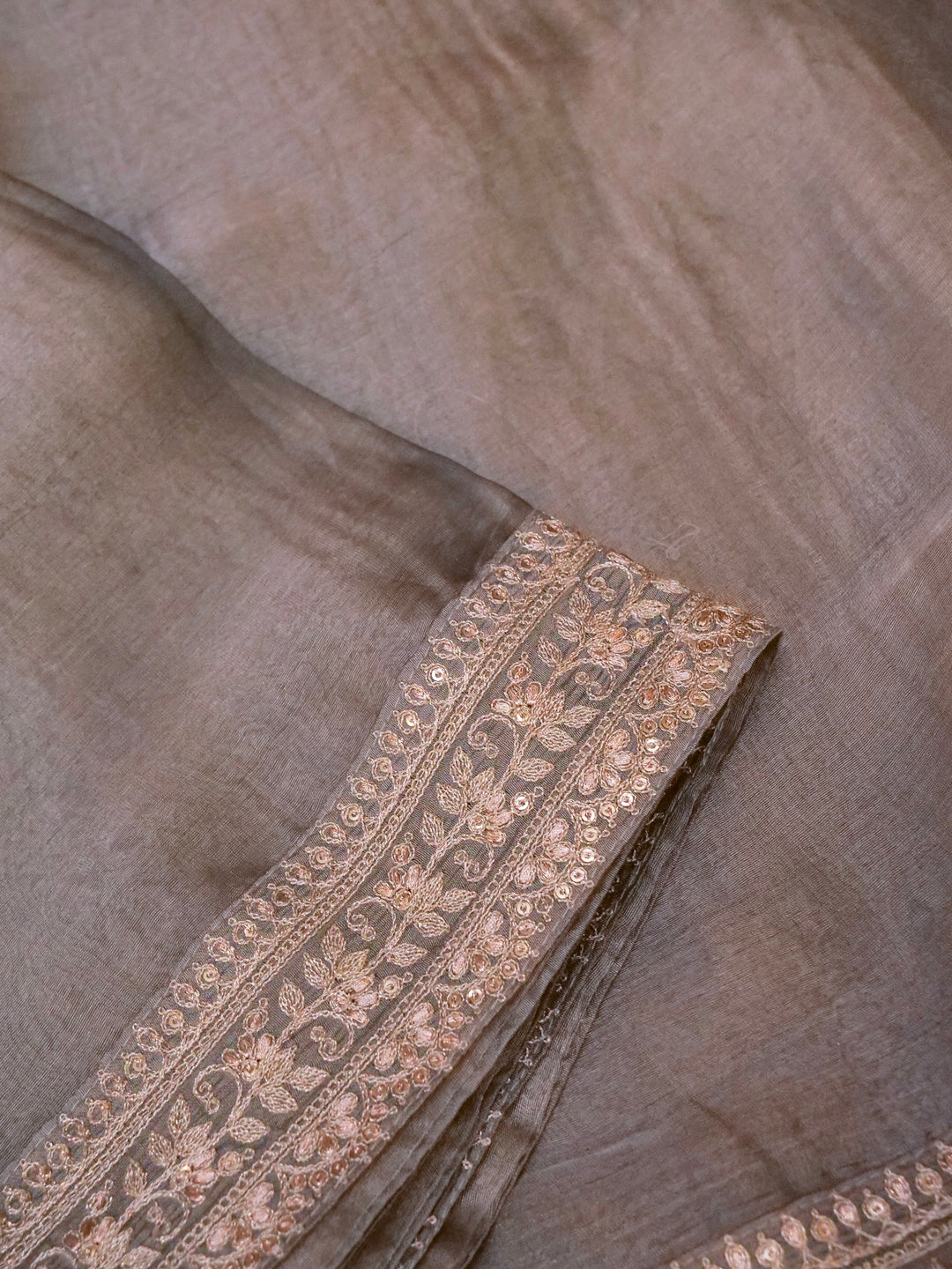 Silver Grey Pure Katan Tissue Saree with Pitta Zari Sequin Border and Heavy Embroidered Georgette Blouse View 3