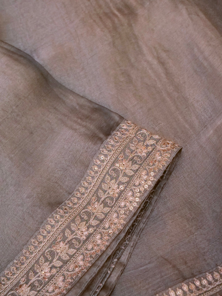 Silver Grey Pure Katan Tissue Saree with Pitta Zari Sequin Border and Heavy Embroidered Georgette Blouse View 3