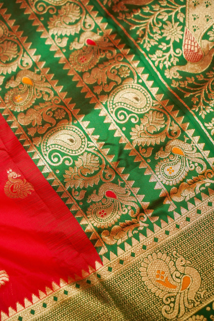 Red Soft Silk Kanjivaram Inspired Bridal Bird Motifs Saree with Contrast Border Pallu
