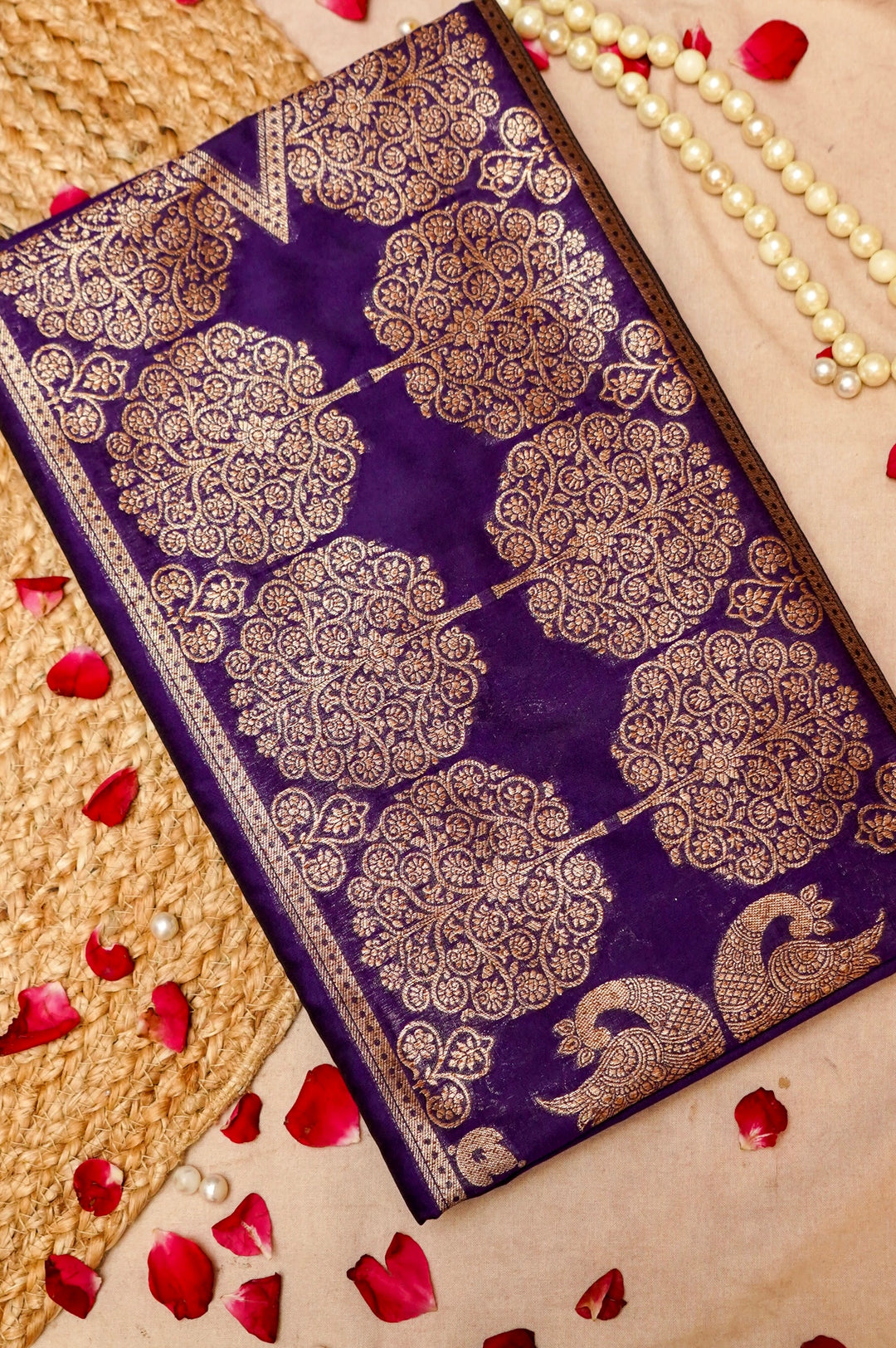 Dark Purple Unstitched Suit with Traditional Zari Weave Design View 1