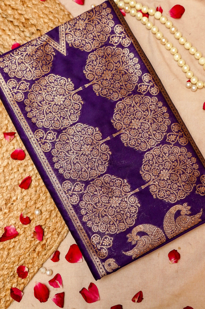 Dark Purple Unstitched Suit with Traditional Zari Weave Design View 1