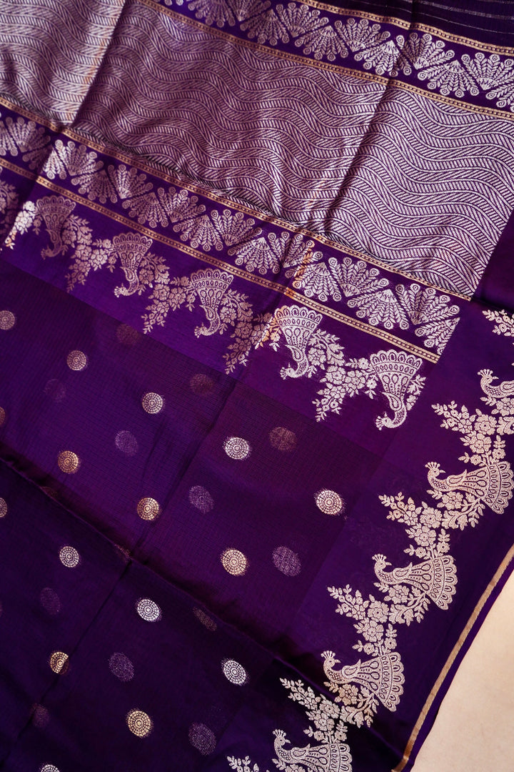 Purple Kota Check Saree with Birds Motif Silk Border