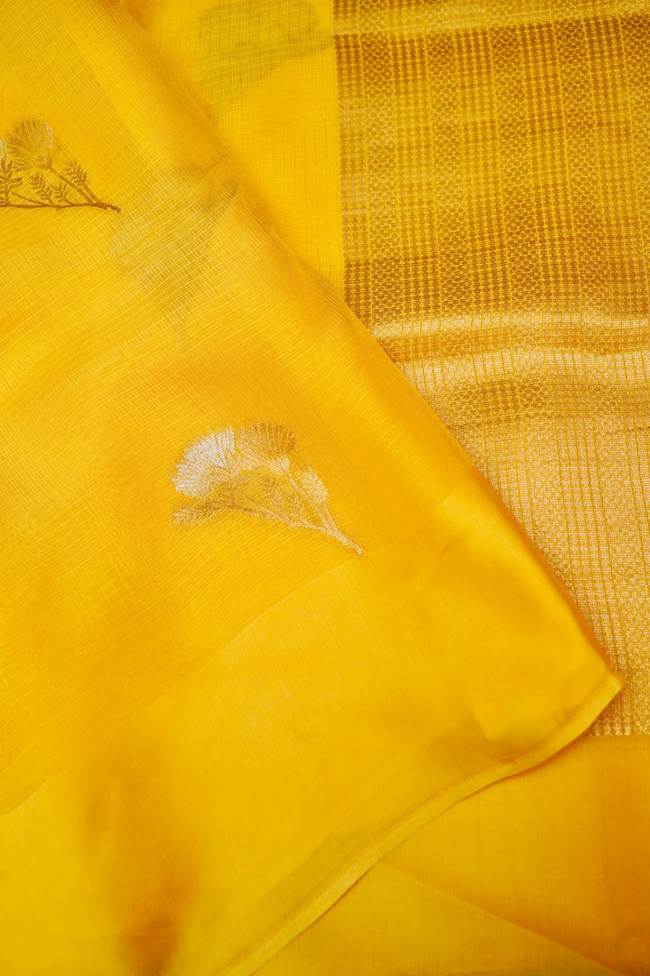 Sunlit Yellow Kota Check Saree Sona Rupa Zari Floral Motifs on Classic Checks