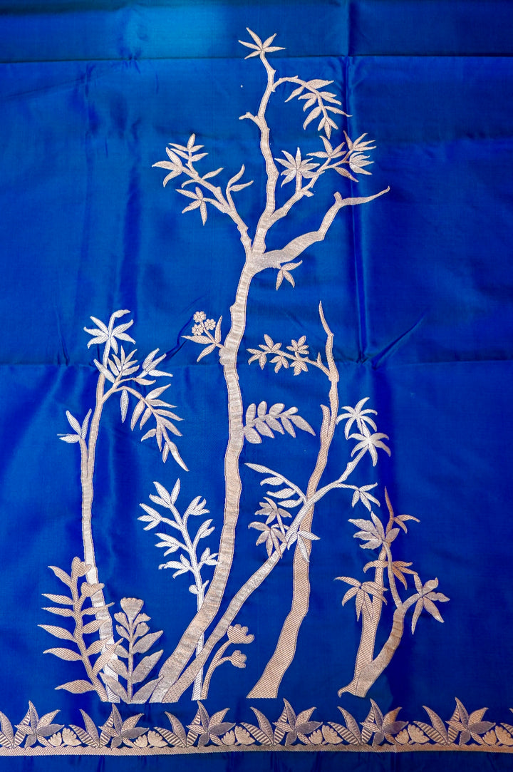 Royal Blue Satin Silk Raw Mango Inspired Cord Set with Sona Rupa Zari Weave View 2