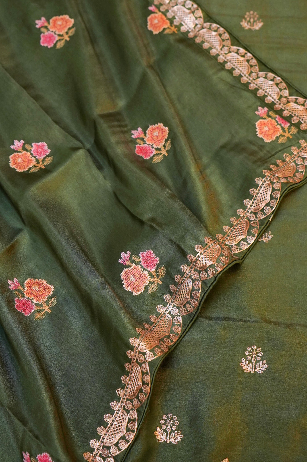 Dark Green Crepe Tissue Silk Suit Set with Pitta Zari and Embroidery Work