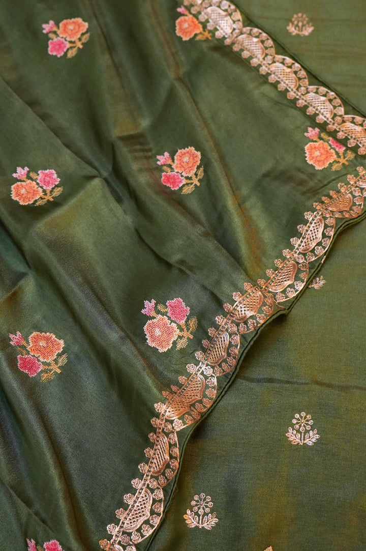Dark Green Crepe Tissue Silk Suit Set with Pitta Zari and Embroidery Work