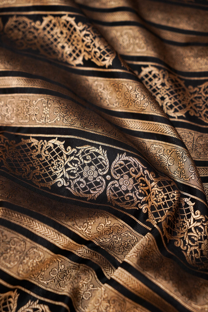 Handwoven Black Banarasi Pure Katan Silk Contemporary Saree with Zari Stripe Design
