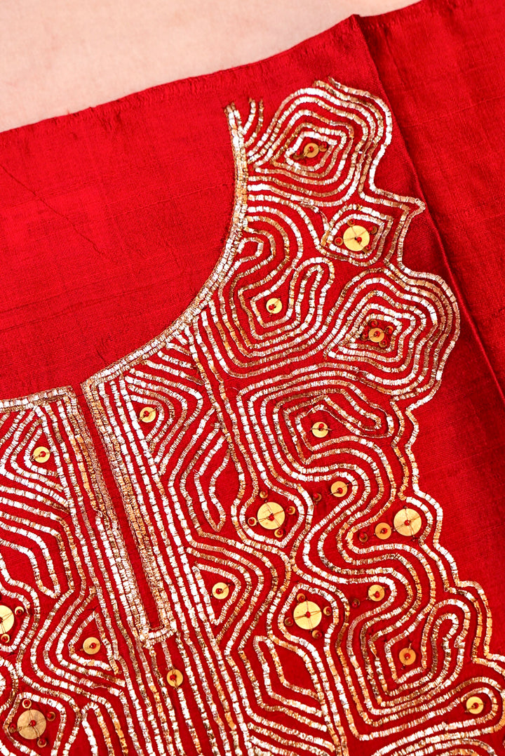 Red Bridal Handloom Raw Silk Suit with Pitta Zari Neckline and Organza Dupatta