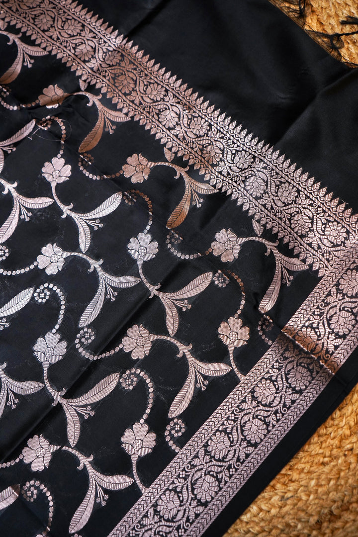 Black Banarasi Ghat Design Modal Silk Unstitched Suit Set View 4