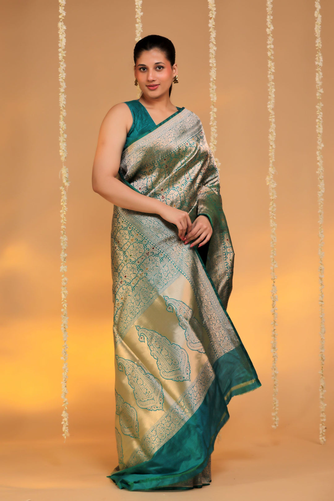 handwoven banarasi pure katan silk meenakari weaving saree front side view