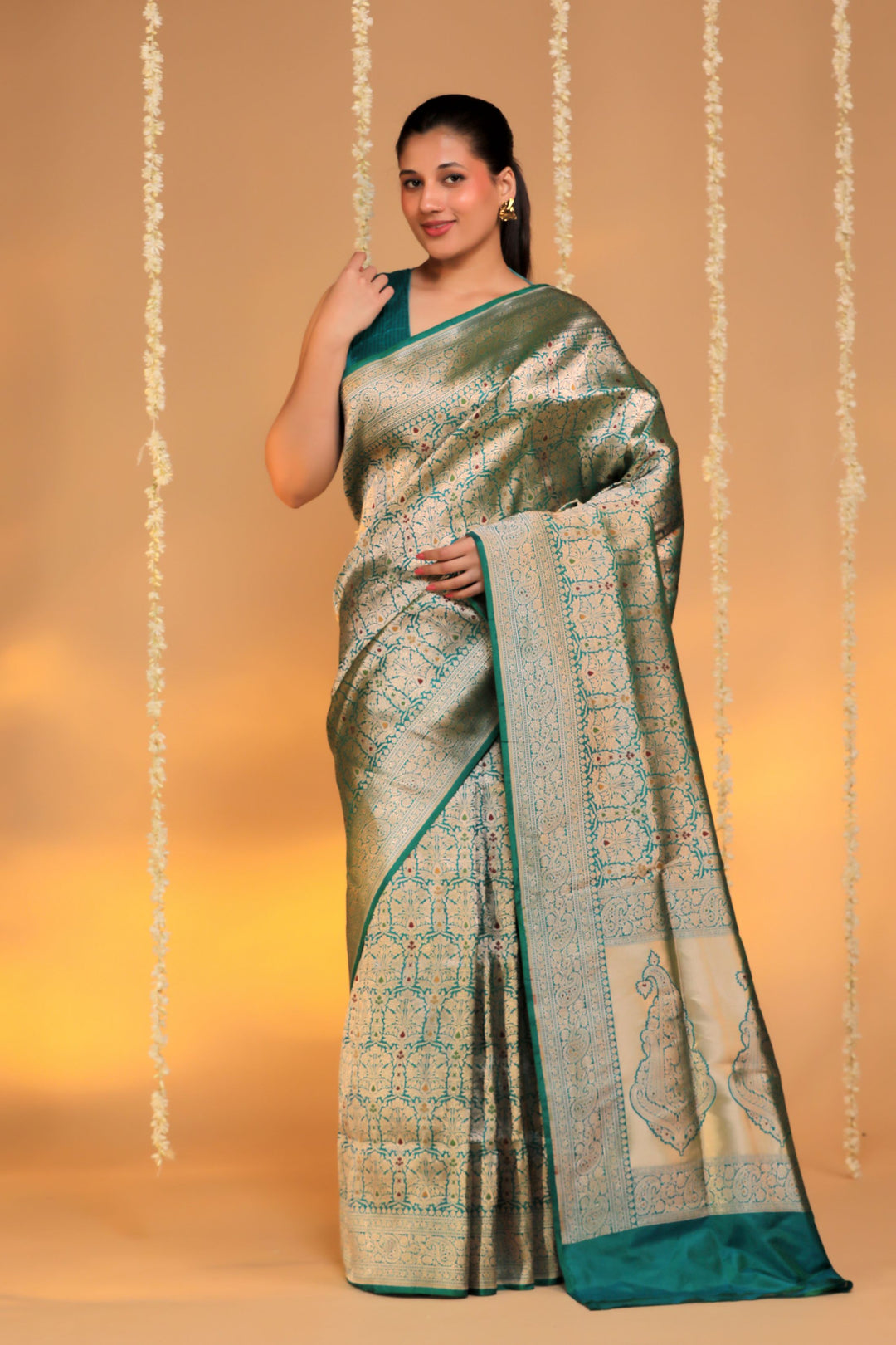 handwoven banarasi pure katan silk meenakari weaving saree front view