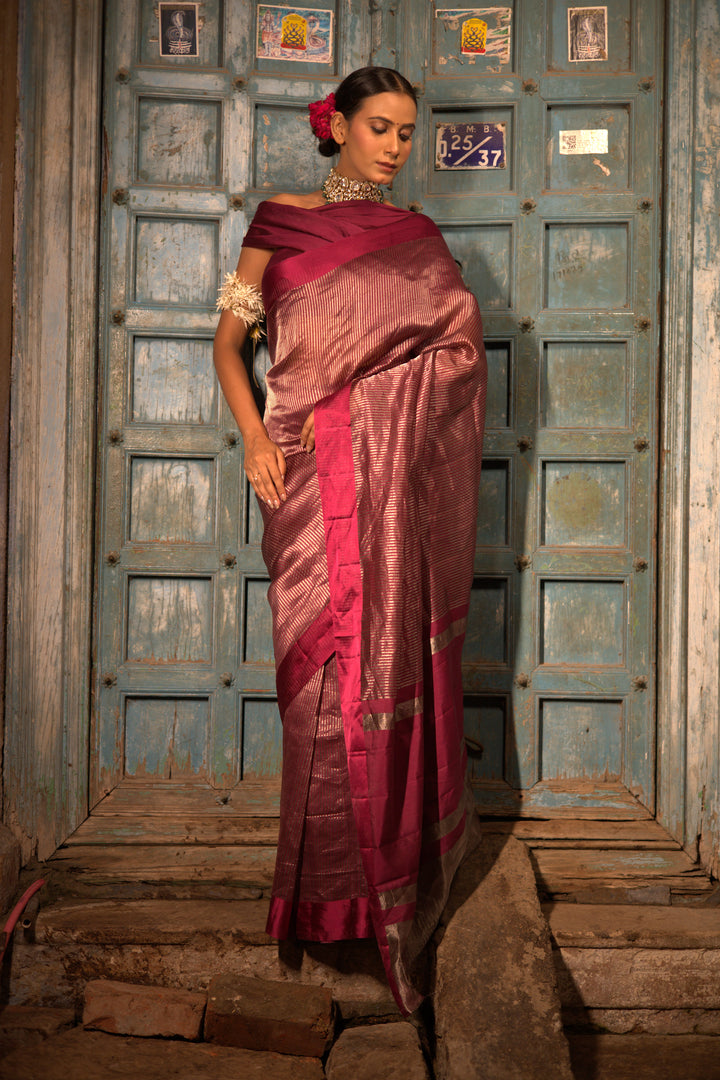 Maroon Stripe Luxe Banarasi Tissue Silk Saree