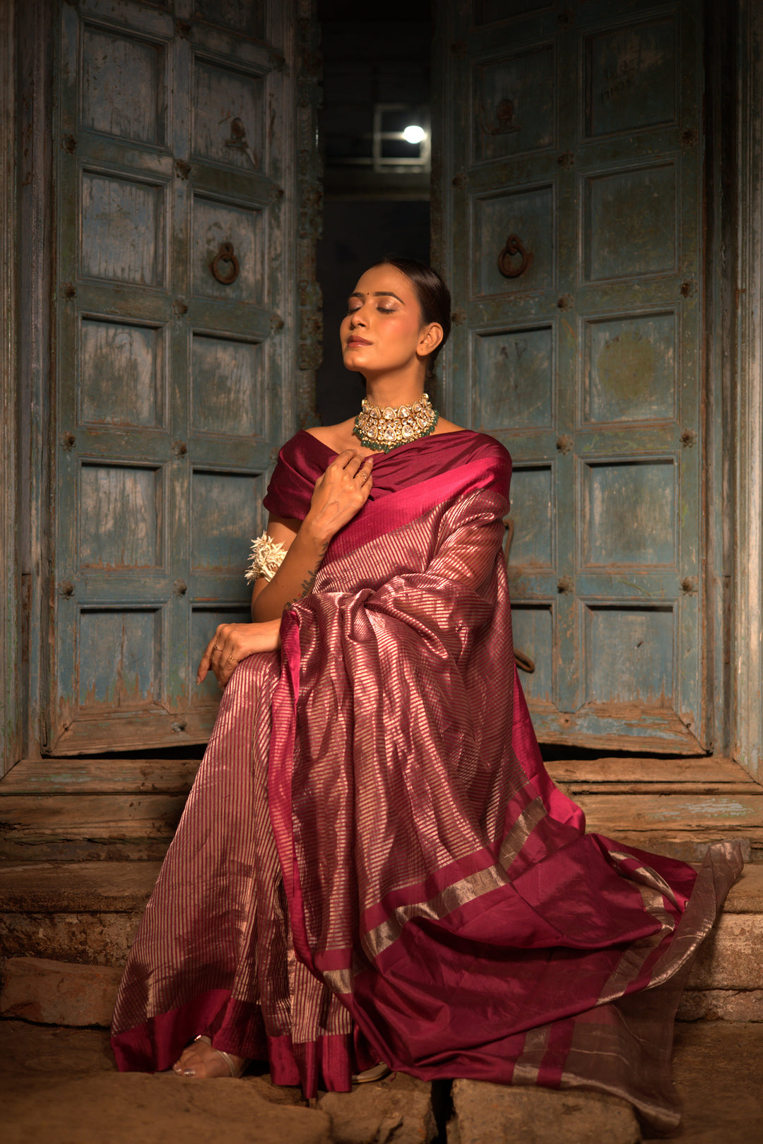 Maroon Stripe Luxe Banarasi Tissue Silk Saree