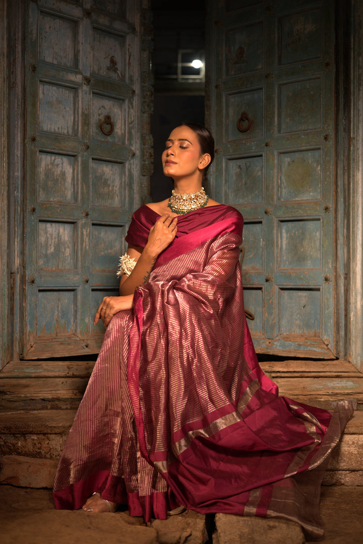 Maroon Stripe Luxe Banarasi Tissue Silk Saree
