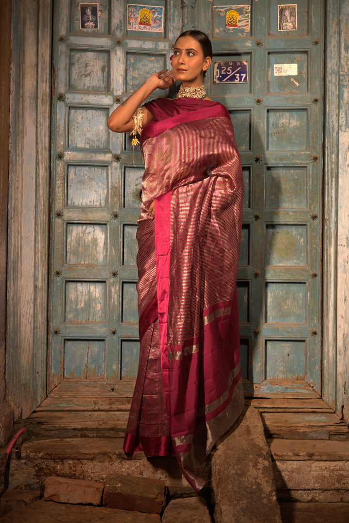 Maroon Stripe Luxe Banarasi Tissue Silk Saree