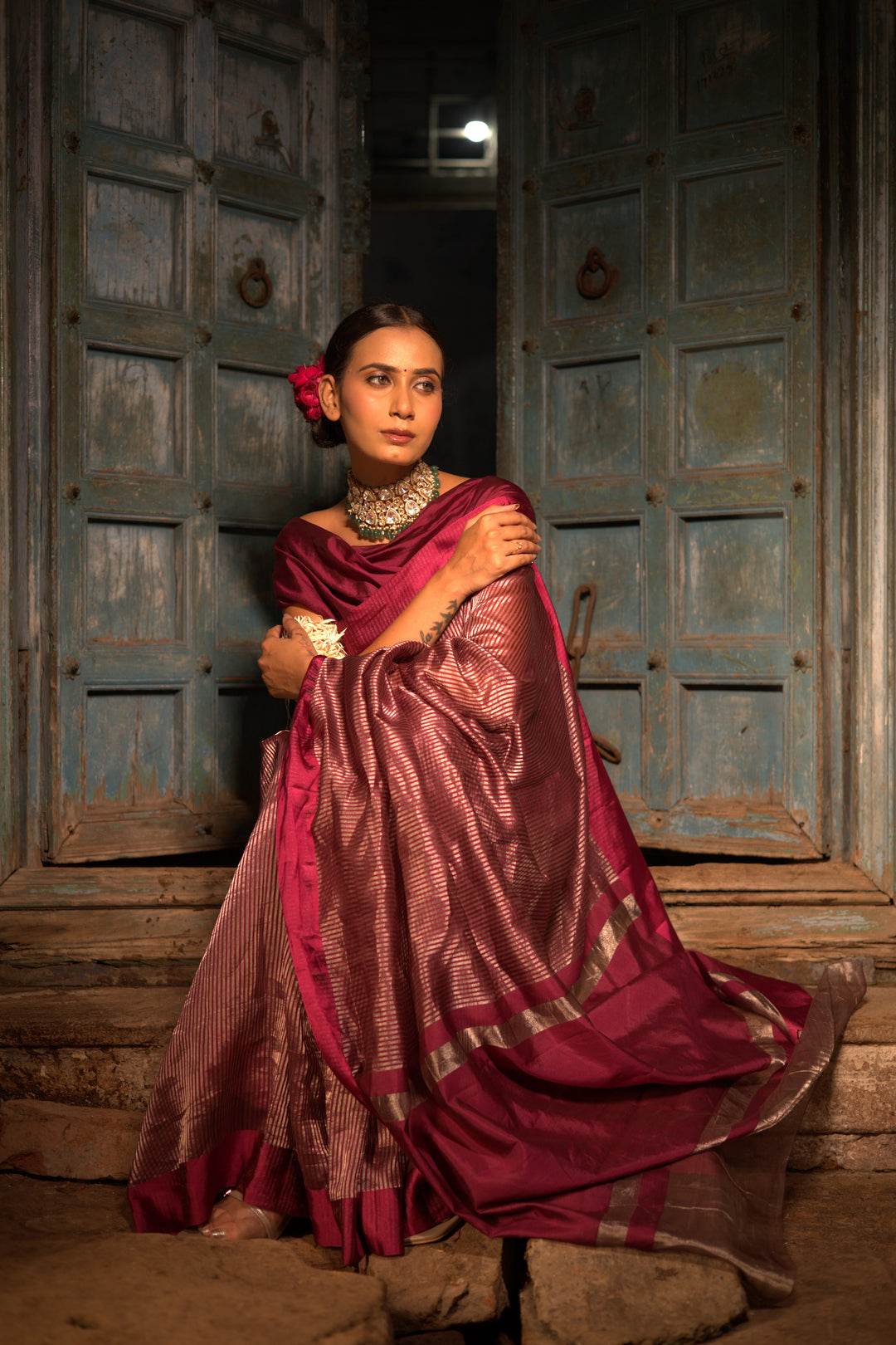 Maroon Stripe Luxe Banarasi Tissue Silk Saree