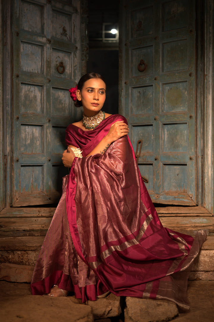 Maroon Stripe Luxe Banarasi Tissue Silk Saree