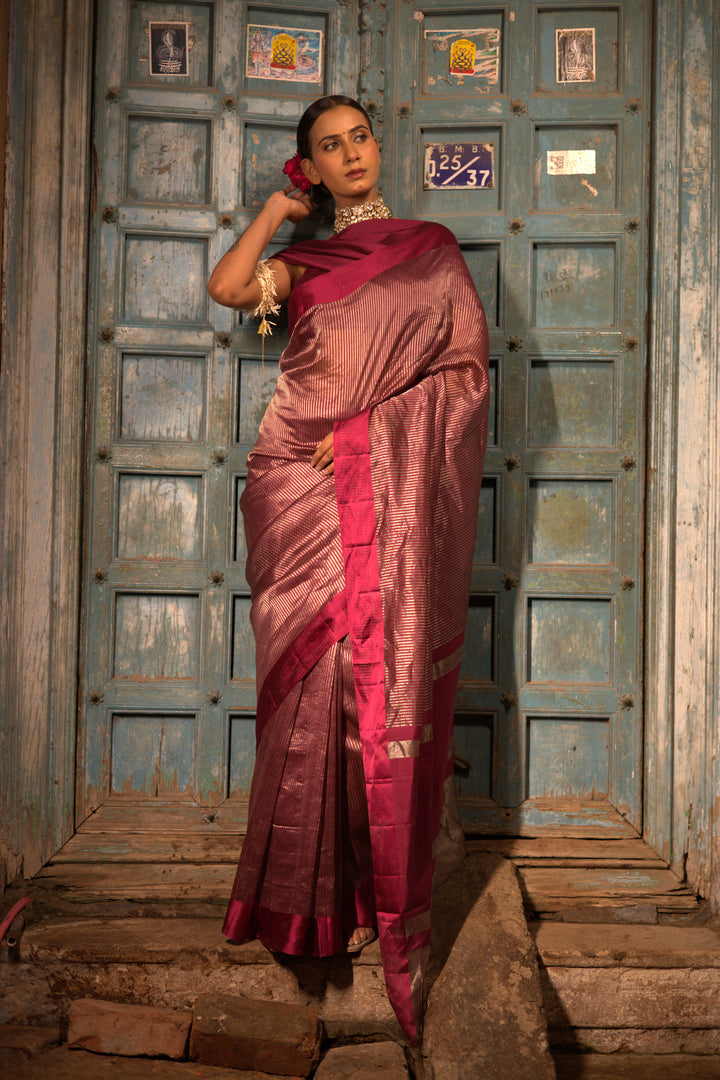 Maroon Stripe Luxe Banarasi Tissue Silk Saree