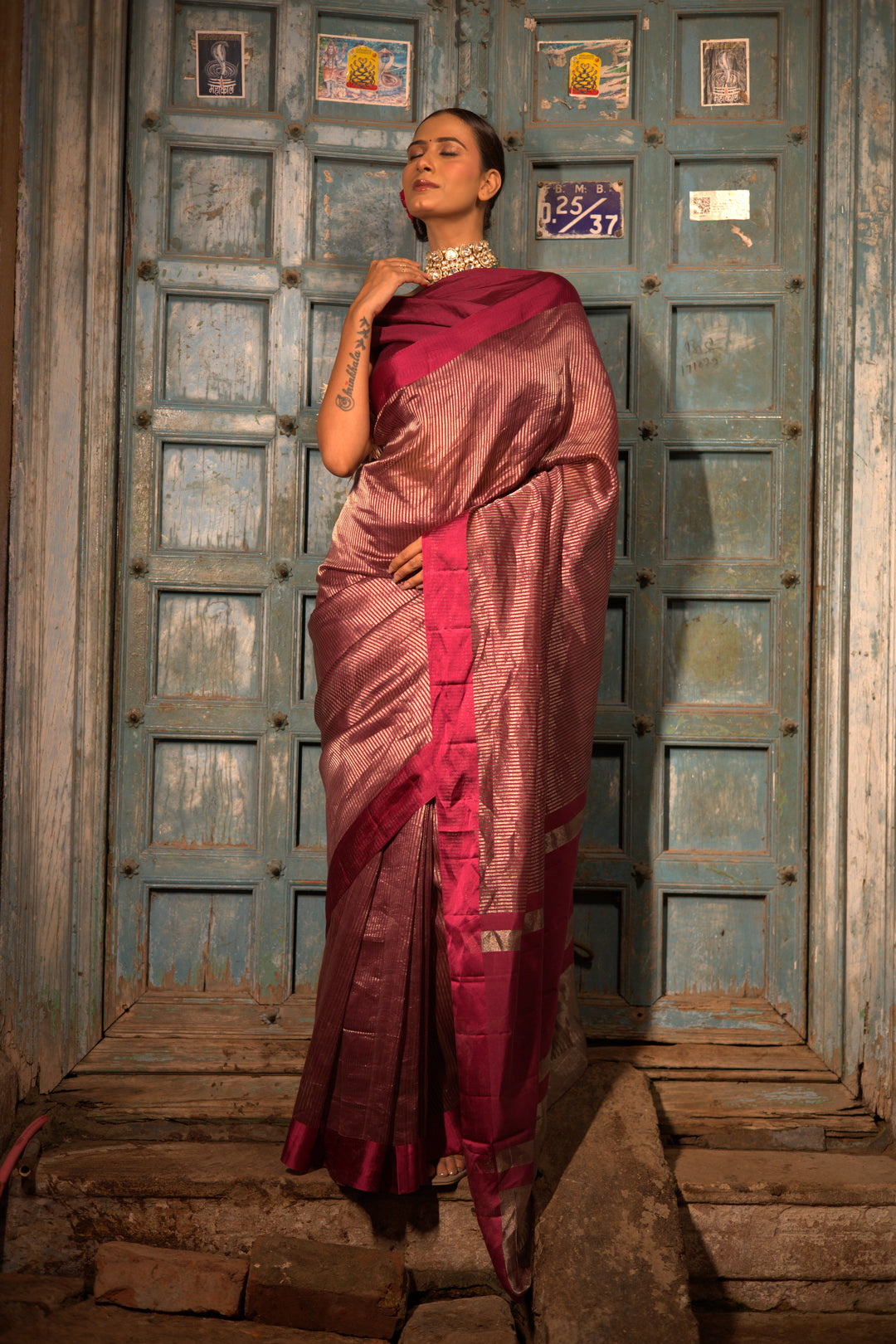 Maroon Stripe Luxe Banarasi Tissue Silk Saree