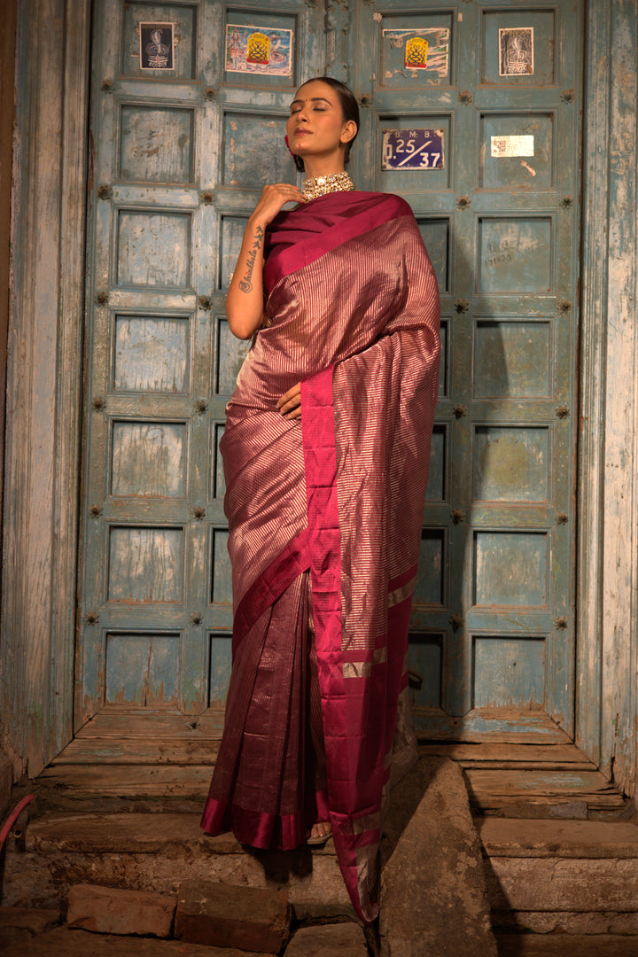 Maroon Stripe Luxe Banarasi Tissue Silk Saree