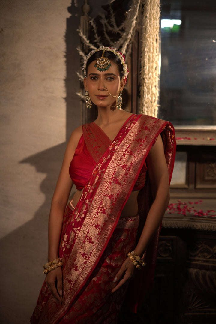 Pink Handloom Pure Katan Silk Meenakari Jangla Saree with Heavy Border &amp; Pallu