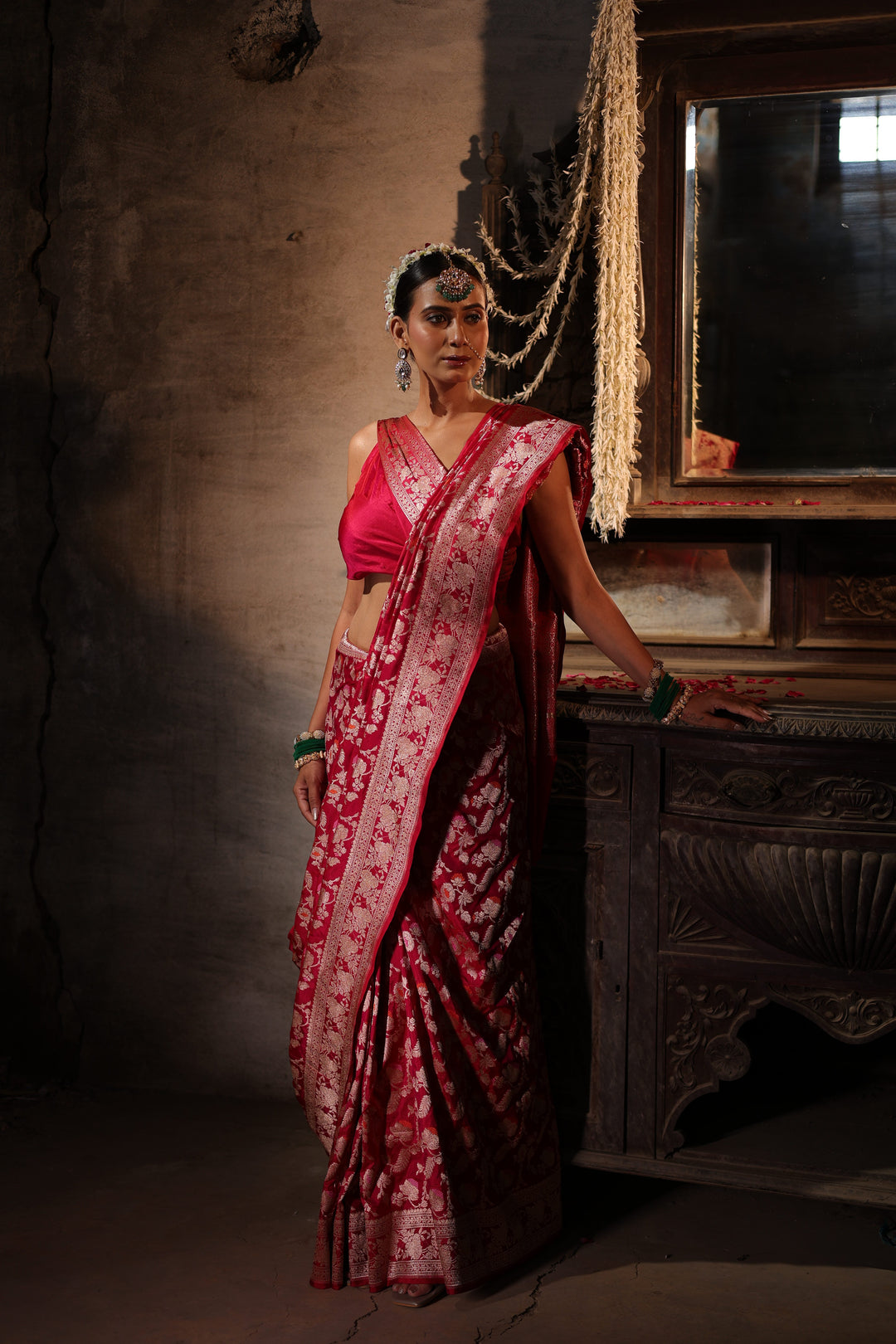 Pink Handloom Pure Katan Silk Meenakari Jangla Saree with Heavy Border &amp; Pallu
