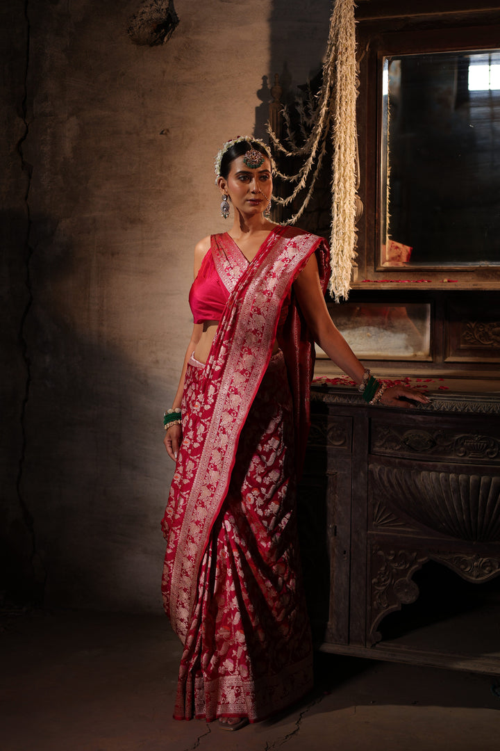 Pink Handloom Pure Katan Silk Meenakari Jangla Saree with Heavy Border &amp; Pallu