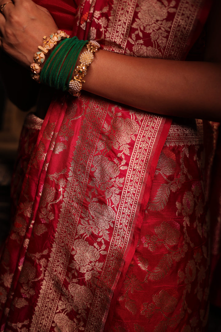 Pink Handloom Pure Katan Silk Meenakari Jangla Saree with Heavy Border &amp; Pallu