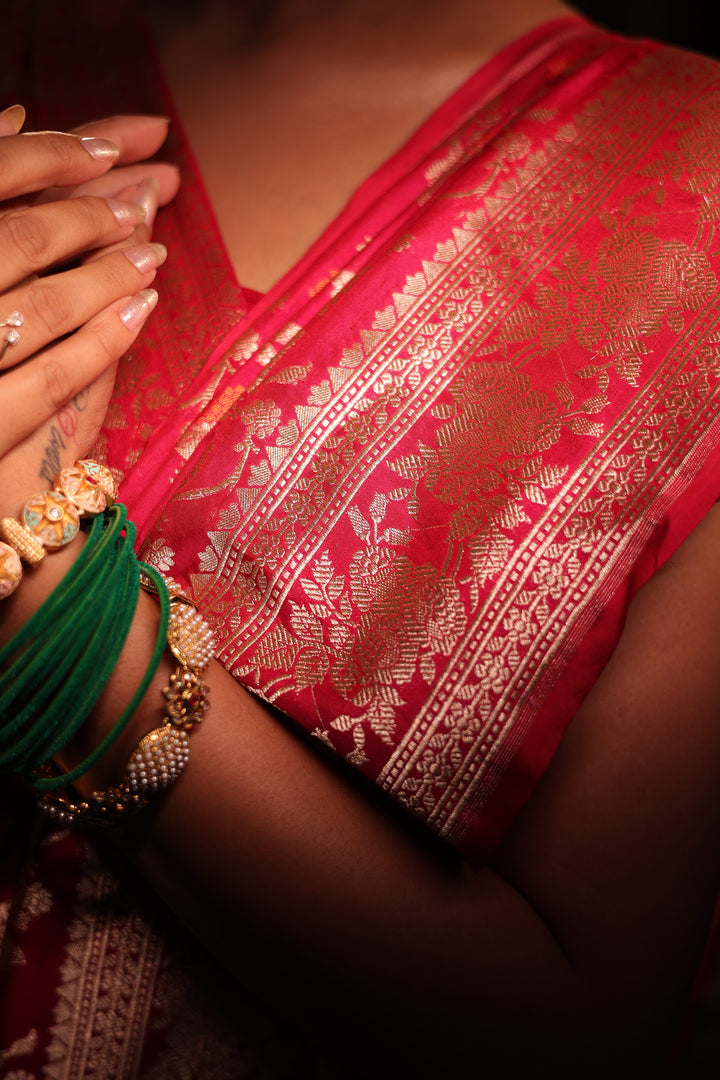 Pink Handloom Pure Katan Silk Meenakari Jangla Saree with Heavy Border &amp; Pallu