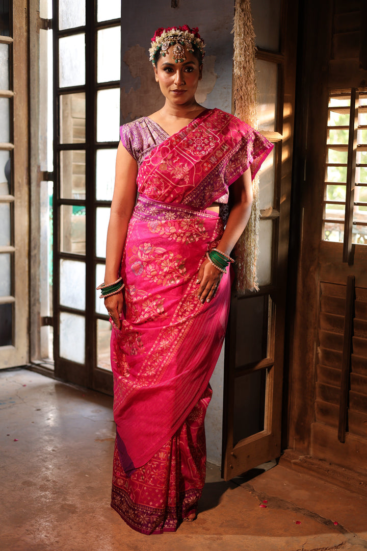 Pink Handwoven Banarasi Pure Kora Jamdani Saree with Contrast Border