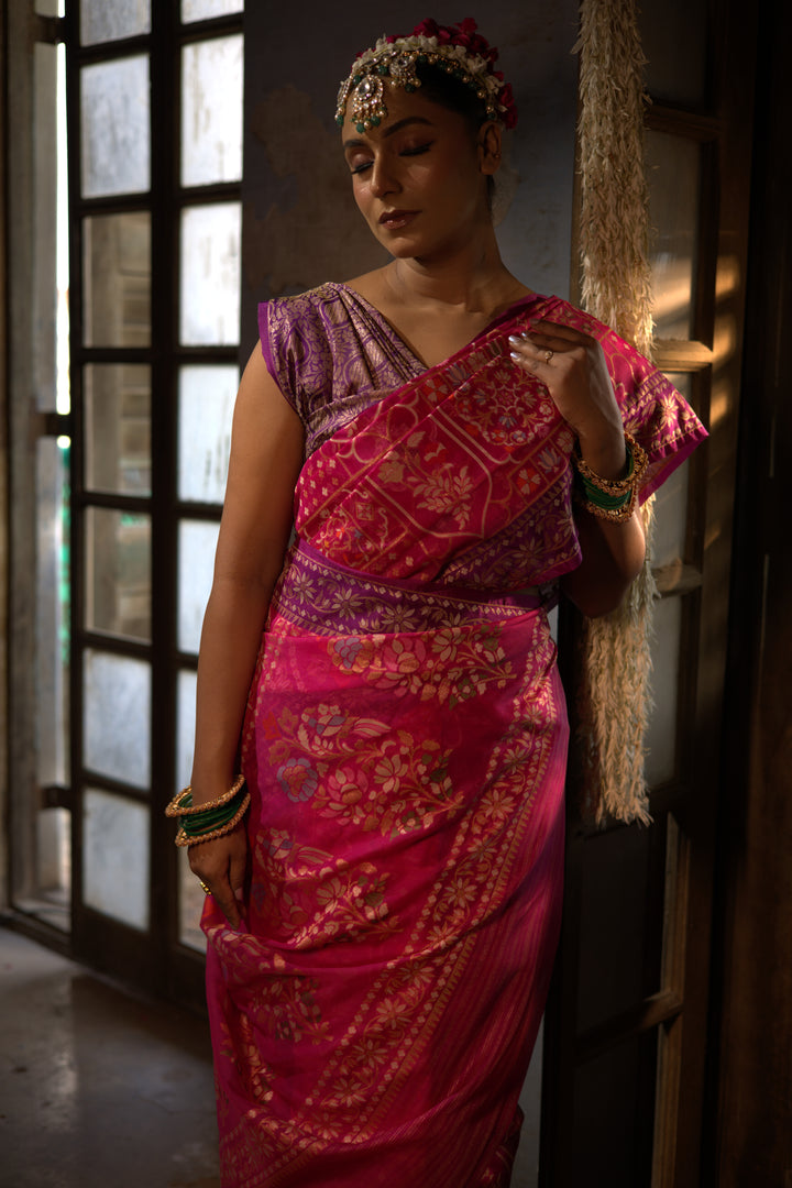 Pink Handwoven Banarasi Pure Kora Jamdani Saree with Contrast Border