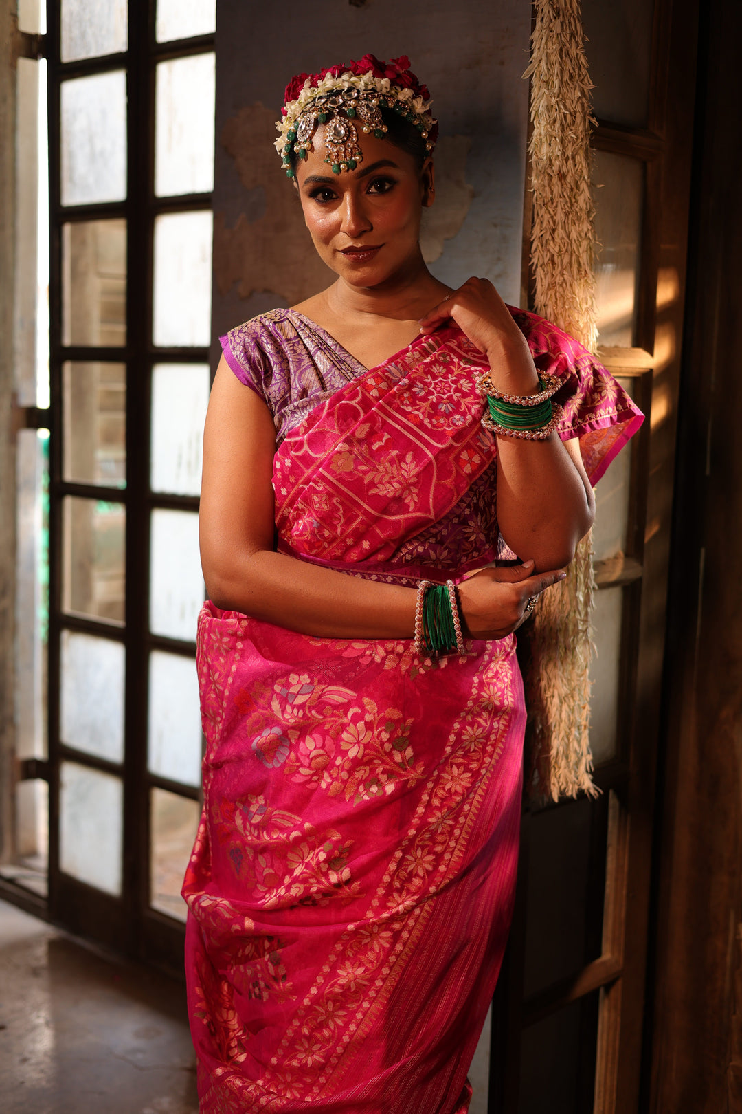 Pink Handwoven Banarasi Pure Kora Jamdani Saree with Contrast Border