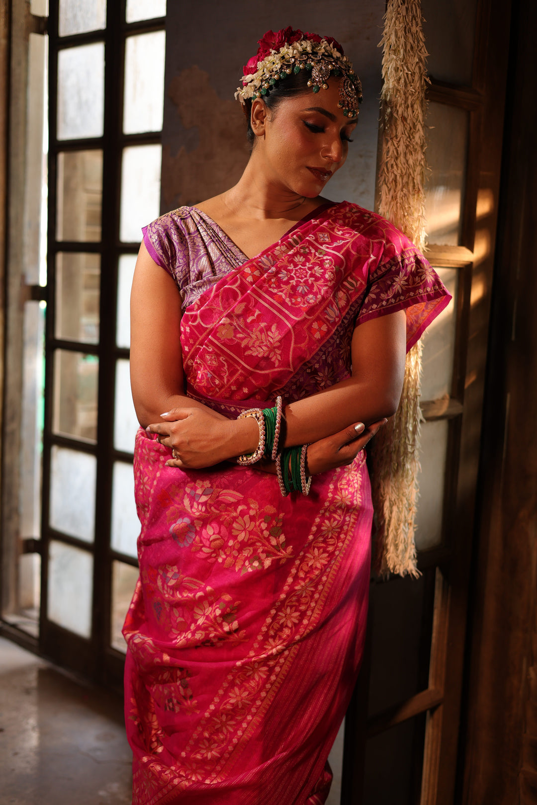 Pink Handwoven Banarasi Pure Kora Jamdani Saree with Contrast Border