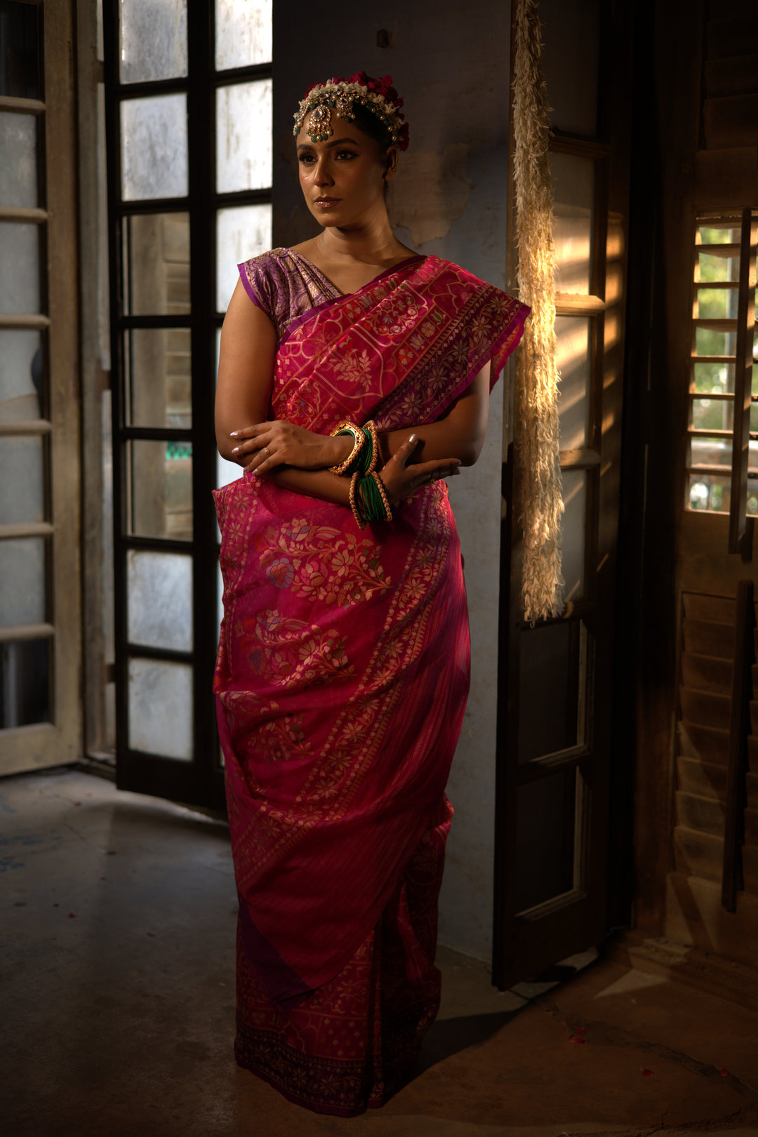 Pink Handwoven Banarasi Pure Kora Jamdani Saree with Contrast Border