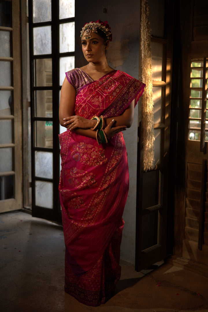 Pink Handwoven Banarasi Pure Kora Jamdani Saree with Contrast Border