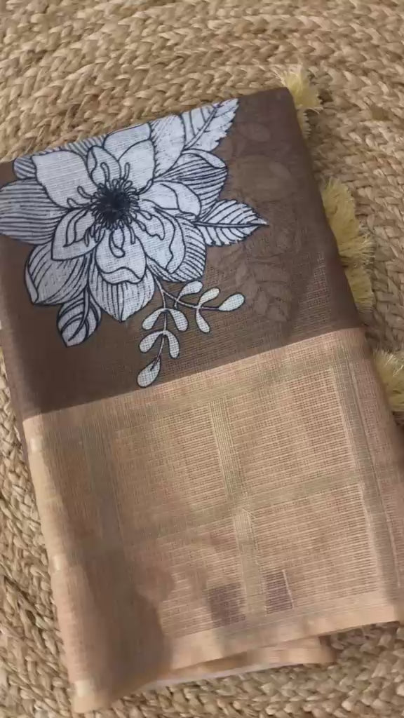 Sugar Brown Kota Check Saree with Printed Body &amp; Zari Weave Check Border