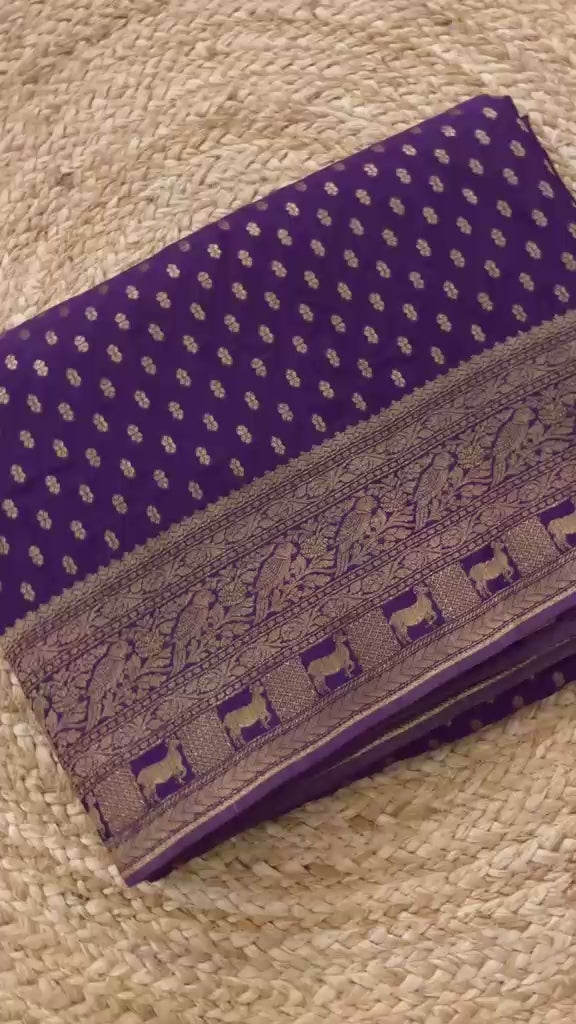 Dark Purple Pure Chinon Georgette Saree with Zari Weave &amp; Shikargah Border