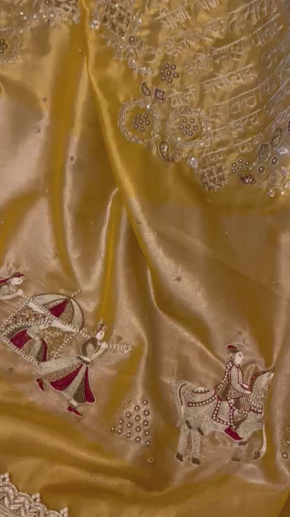 Golden Pure Tissue Silk Saree with Gayatri Mantra &amp; Baarat-Inspired Pallu