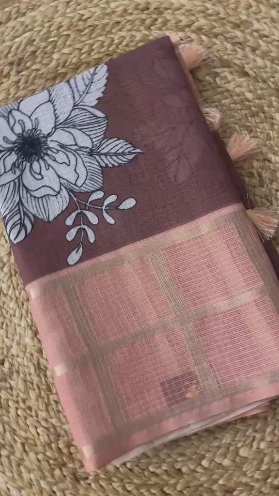 Dusty Rose Pink Kota Check Saree with Printed Body &amp; Zari Weave Check Border