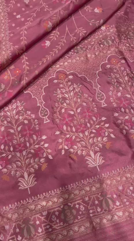 Royal Handwoven Banarasi Pure Katan Silk Meenakari Jamdani Saree – Mauve Pink