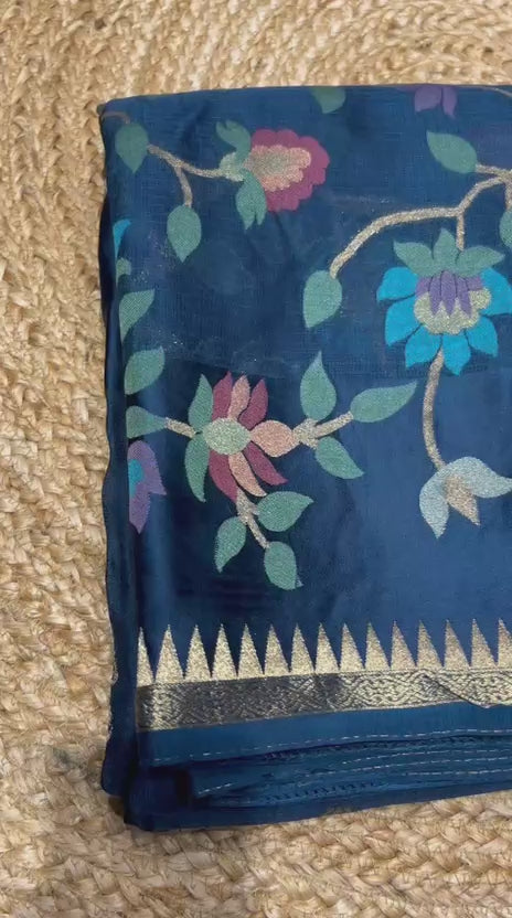Teal Blue Pure Banarasi Kota Silk Figure Motif Saree with Silk Weaving Border
