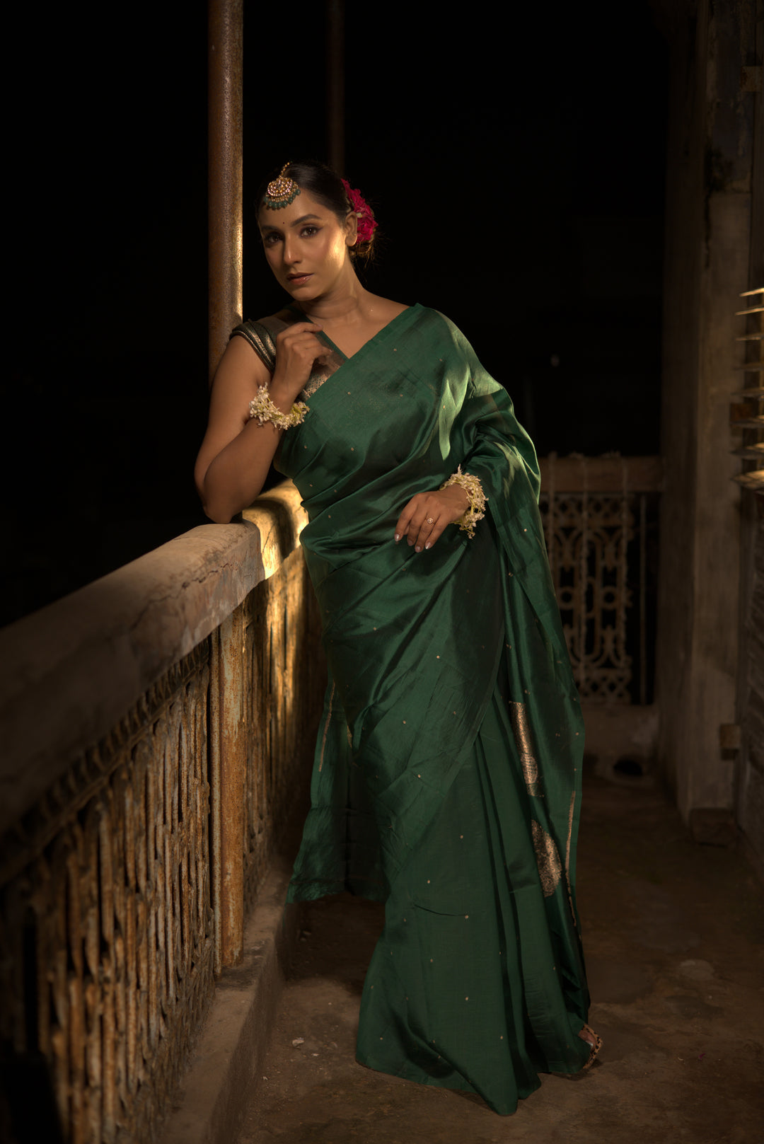 Pure Katan Silk Green Saree with Peacock Motif Pallu