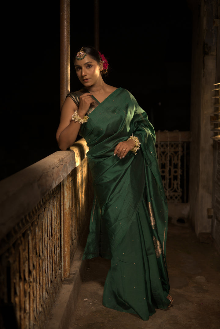 Pure Katan Silk Green Saree with Peacock Motif Pallu