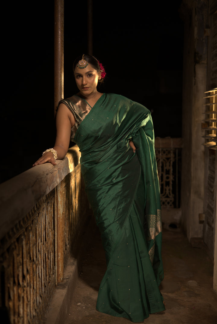 Pure Katan Silk Green Saree with Peacock Motif Pallu