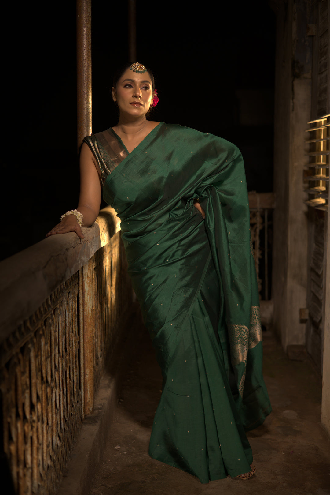 Pure Katan Silk Green Saree with Peacock Motif Pallu