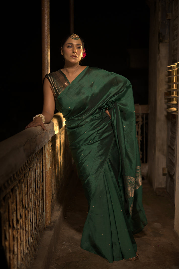 Pure Katan Silk Green Saree with Peacock Motif Pallu