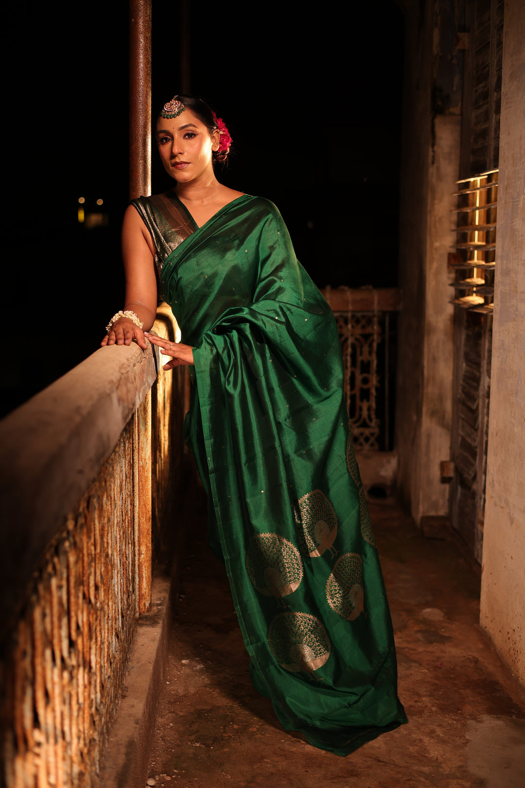 Pure Katan Silk Green Saree with Peacock Motif Pallu