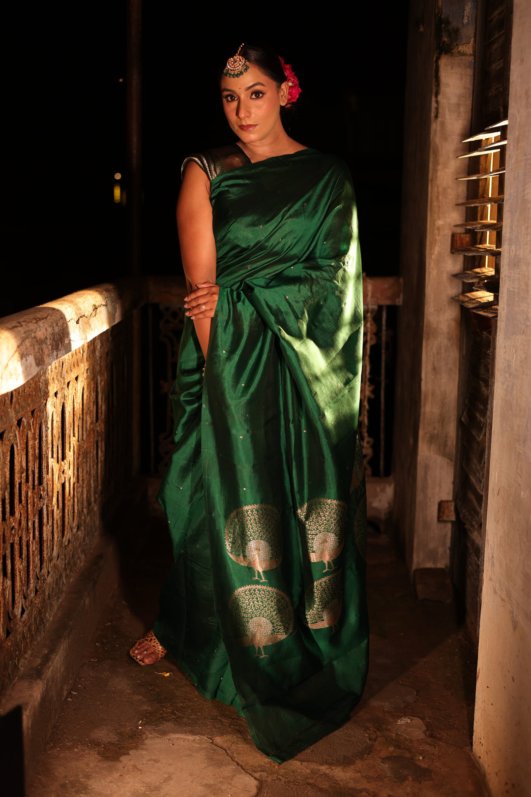 Pure Katan Silk Green Saree with Peacock Motif Pallu