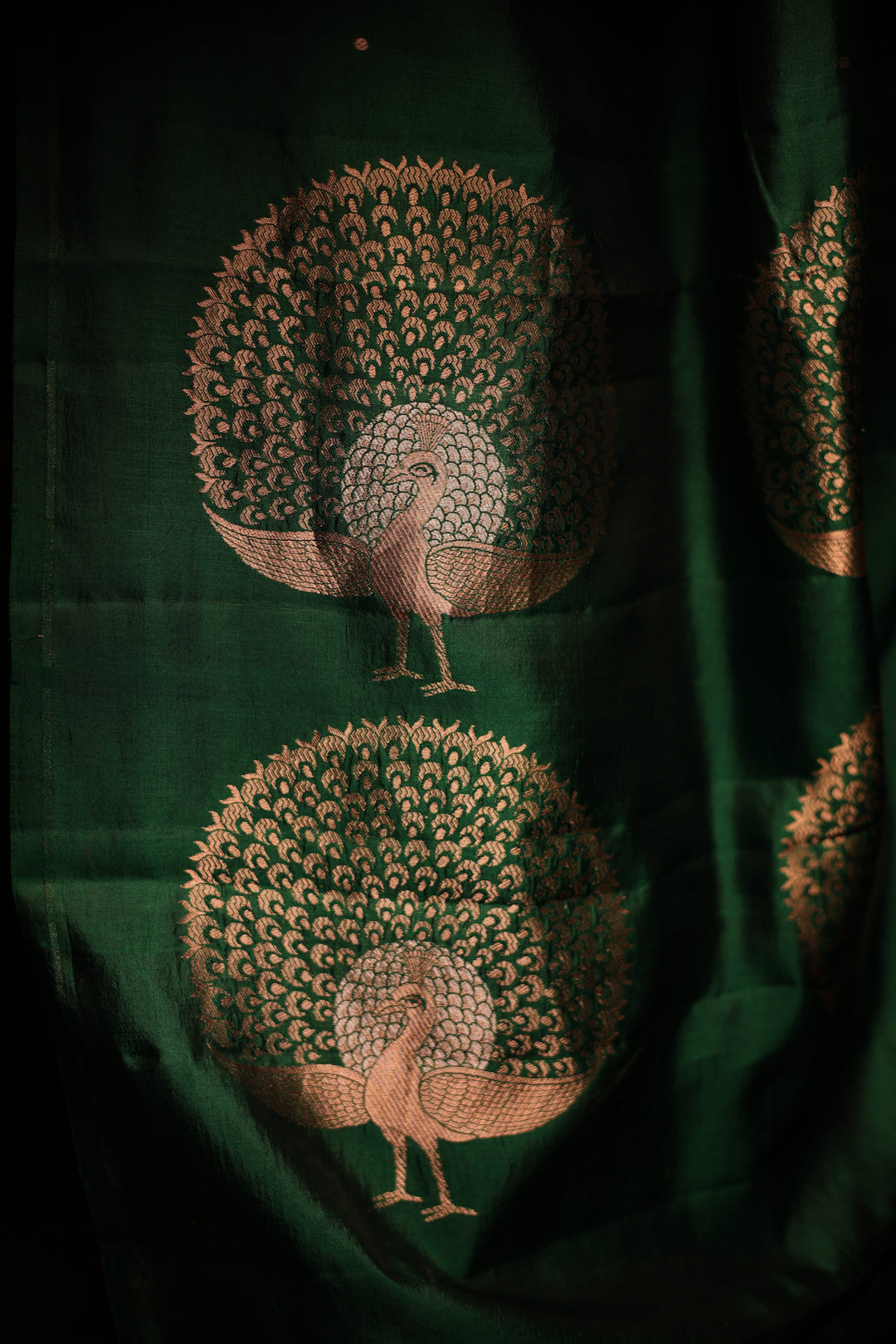 Pure Katan Silk Green Saree with Peacock Motif Pallu