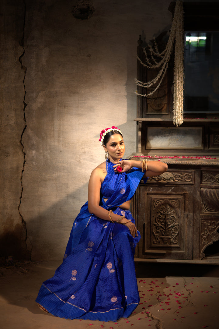 Royal Blue Crush Pure Katan Silk Banarasi Butidar Saree